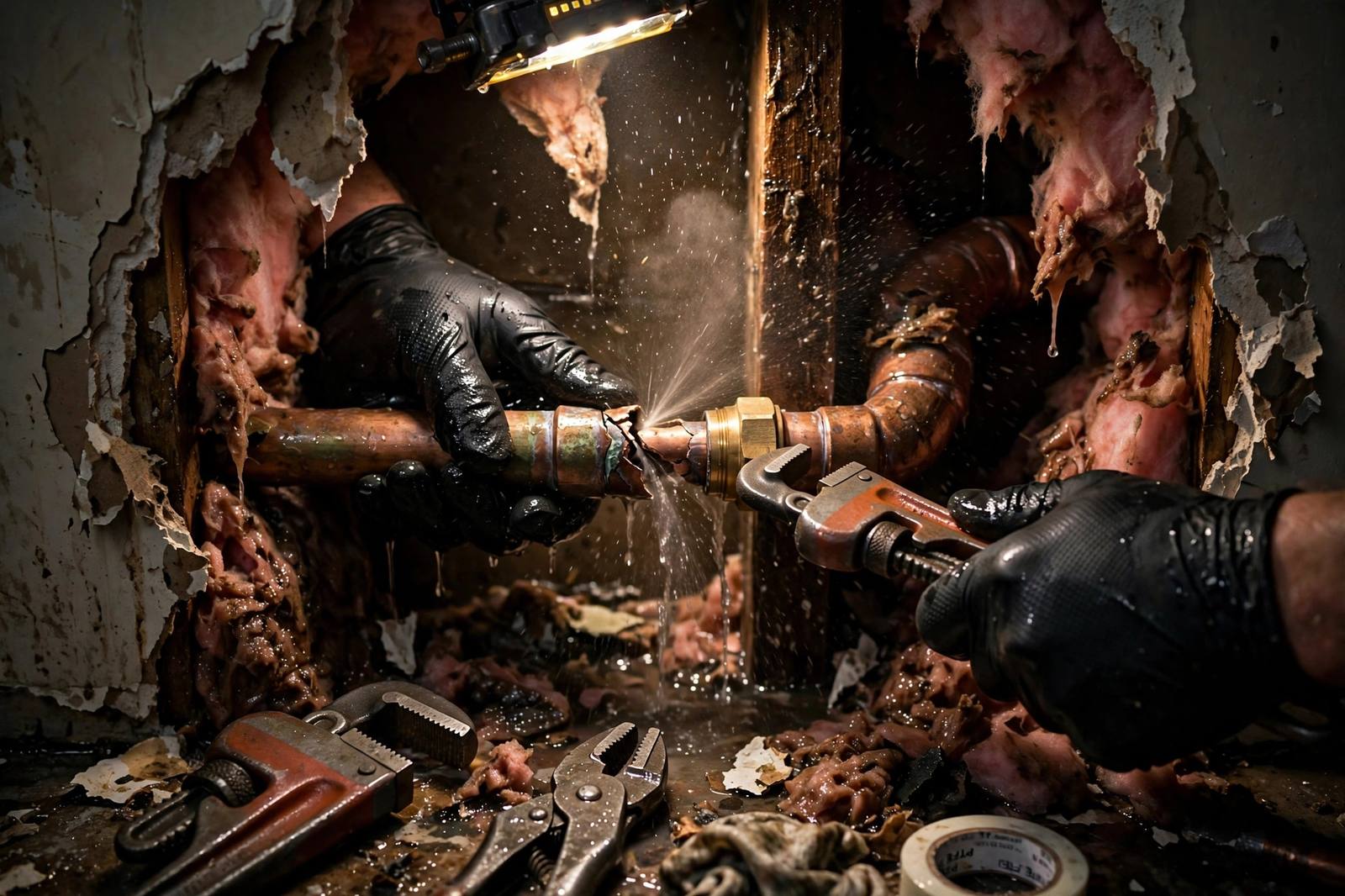 Technician repairing a burst copper pipe inside an opened wall cavity