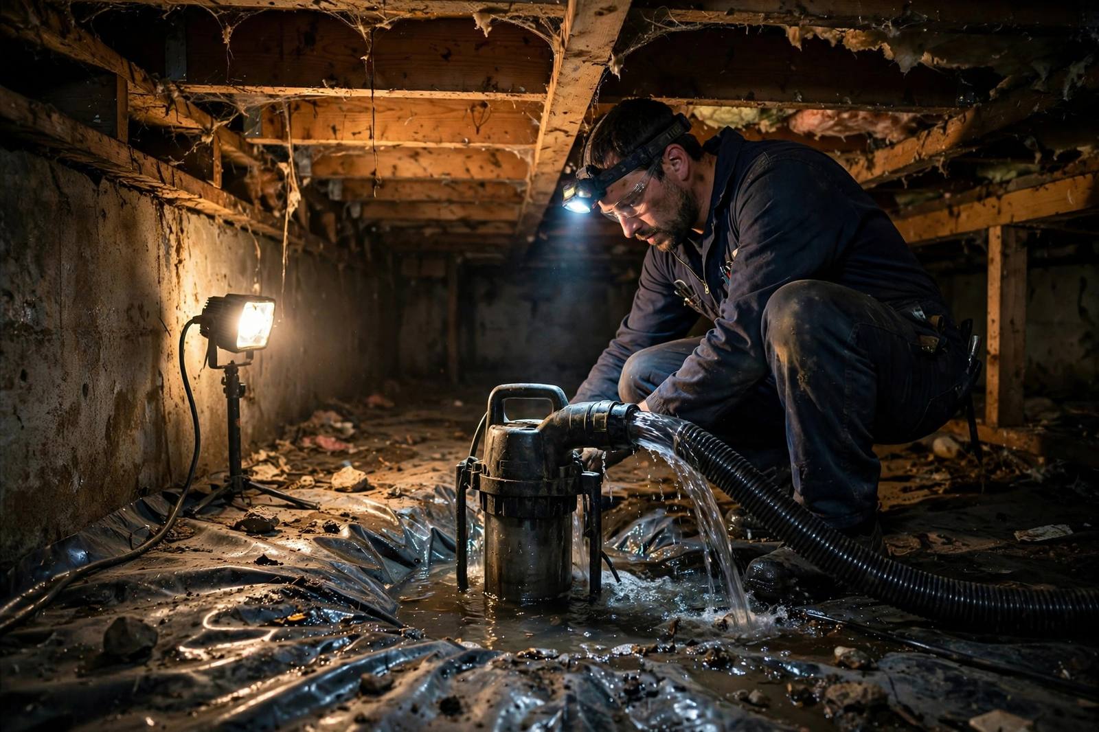 Technician with a submersible pump removing standing water from a residential crawl space