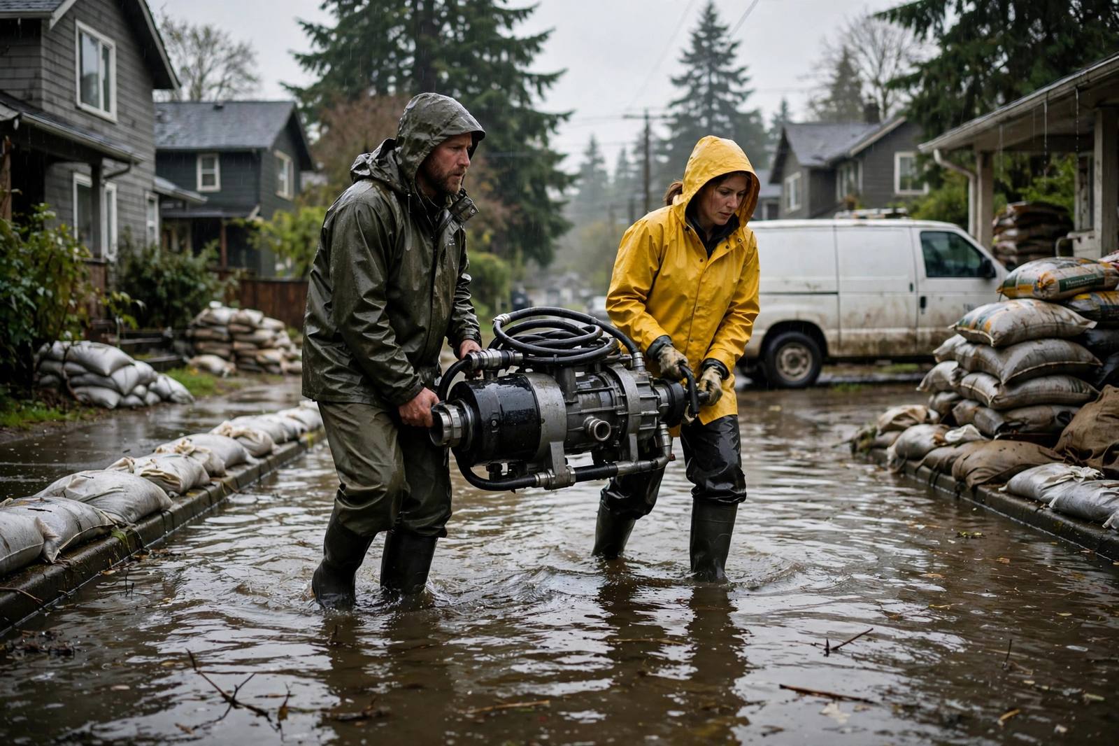 Restoration crew carrying a pump through a flooded street after heavy rain