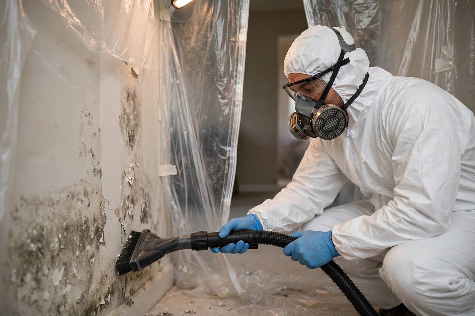 Mold remediation technician in respirator HEPA-vacuuming a wall inside containment